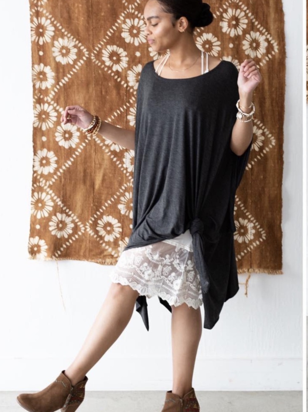 Three Bird Nest Wren Tunic Boho Oversized Swing Top Charcoal One Size Fits Most - Picture 5 of 11